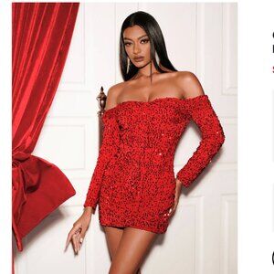Red, sequins, off-shoulder mini dress, NWT
